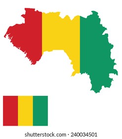 Flag of the Republic of Guinea overlaid on outline map isolated on white background 