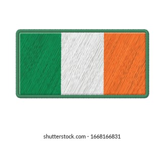 Flag Of Republic of Ireland Patch. Vector Photo Realistic Embroidery Isolated On White Background. 