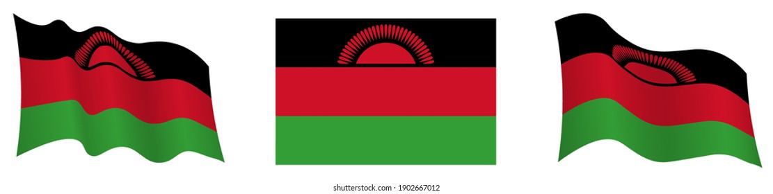flag of Republic of Malawi in static position and in motion, fluttering in wind in exact colors and sizes, on white background