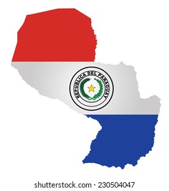 Flag of the Republic of Paraguay overlaid on detailed outline map isolated on white background 