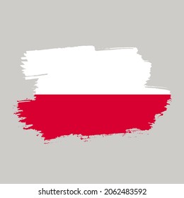 Flag Republic of Poland, brush stroke background. Waving Flag Poland on gray backrground for your web site design, logo, app, UI. EPS10.