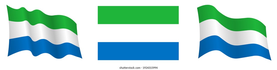 flag of Republic of Sierra Leone in static position and in motion, fluttering in wind in exact colors and sizes, on white background