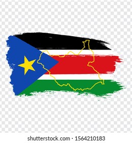 Flag Republic of South Sudan from brush strokes and Blank map of South Sudan. High quality map of South Sudan and national flag on transparent background for your web site design, logo. EPS10.