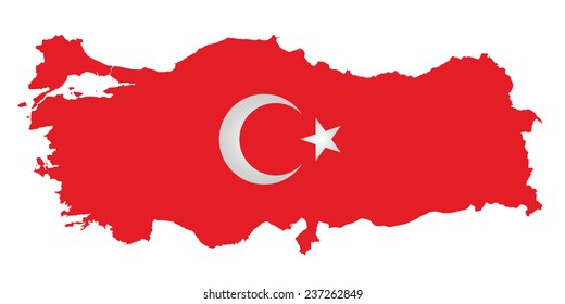 Flag of the Republic of Turkey overlaid on outline map isolated on white background 