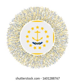 Flag of Rhode Island with colorful rays. Radiant us state sign. Shiny sunburst with Rhode Island flag. Creative vector illustration.