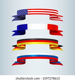 Flag ribbon of America USA France Germany Russia Set collection of bright curved banner ribbons icon ribbon Flags national colors of the countries of America USA France Germany Russia Vector icon flag