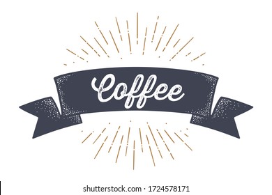 Flag ribbon Coffee. Old school flag banner with text Coffee. Ribbon flag in vintage style with linear drawing light rays, sunburst and rays of sun, text coffee. Vector Illustration