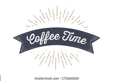 Flag ribbon Coffee Time. Old school flag banner with text Coffee Time. Ribbon flag in vintage style with linear drawing light rays, sunburst and rays of sun, text coffee time. Vector Illustration