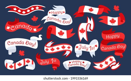 Flag and ribbon happy Canada Day flat set. Canadian tape band with maple leaf collection. Patriotic insignia festival happy celebration day. Label tag red white flag. Isolated vector illustration