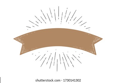 Flag ribbon template. Old school flag banner template. Ribbon flag in vintage style with linear drawing light rays, sunburst and rays of sun, template. Vector Illustration