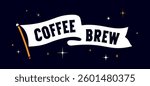 Flag ribbon template. Vintage ribbon flag, text coffee brew, roast beans. Graphic retro flag, ribbon, poster banner. Retro style, coffee brew for cafe, bar, restaurant, food menu. Vector Illustration