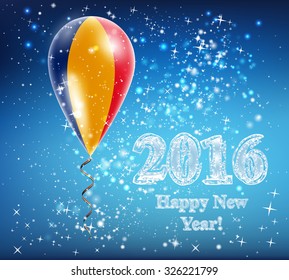 Flag of Romania in a balloon. The celebration and gifts on Happy New Year. Merry Christmas. The sky sparkles with stars and snowflakes. Image. Vector. Icon.