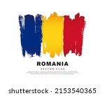 Flag of Romania. Blue, yellow and red hand-drawn brush strokes. Vector illustration isolated on white background. Colorful logo of the Romanian flag.