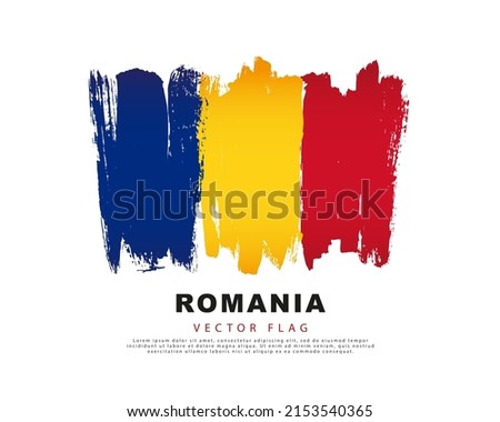 Flag of Romania. Blue, yellow and red hand-drawn brush strokes. Vector illustration isolated on white background. Colorful logo of the Romanian flag.