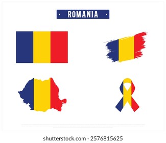 Flag of ROMANIA, Brush style flag of ROMANIA, Ribbon flag of ROMANIA, and Map of ROMANIA with flag in it on a white background, Independence Day