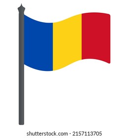 Flag of Romania. Color vector illustration. The fabric is decorated with three vertical stripes. The national symbol of the state develops in the wind. Flat style. Isolated background. Political 