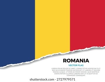 Bandera de Rumania. Creativo efecto de borde de papel rasgado sobre fondo transparente con irregularidades irregulares. Una apariencia tridimensional con sombras realistas, como si hubiera sido rasgada para revelar una superficie blanca debajo