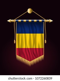 Flag of Romania. Festive Vertical Banner. Wall Hangings with Gold Tassel Fringing