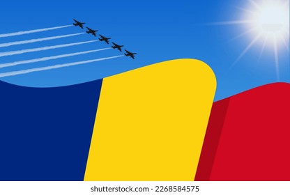 Flag of Romania and a fighter plane formation flying in the sky. Independence day Romania. Military aviation in the blue sky. Vector illustration