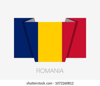 Flag of Romania. Flat Icon Waving Flag with Country Name on a White Background