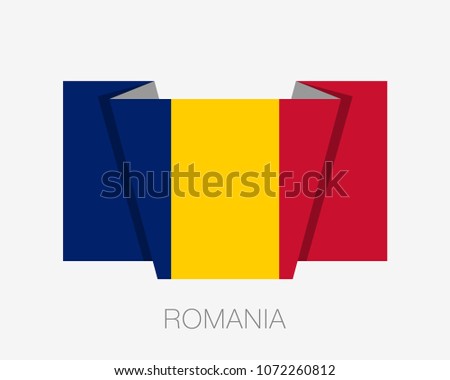 Flag of Romania. Flat Icon Waving Flag with Country Name on a White Background