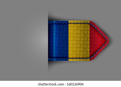 Flag of Romania in the form of a glossy textured label or bookmark. Vector illustration.