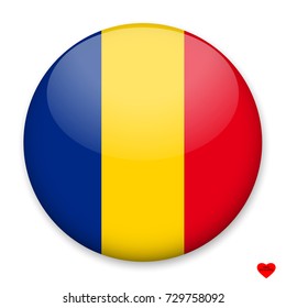 Flag of Romania in the form of a round button with a light glare and a shadow. The symbol of Independence Day, a souvenir, a button for switching the language on the site, an icon.