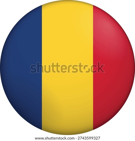 Flag of Romania. Glossy circular flag. Button appearance. 3D Icon Design with depth. Professional, tactile look. Perfect for representing national identity in digital interfaces and perfect for websites