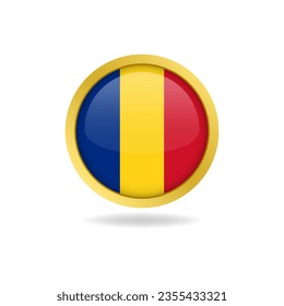 flag of Romania with golden frame, circle round glossy button, vector design, editable eps file