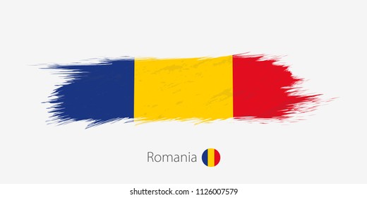Flag of Romania, grunge abstract brush stroke on gray background. Vector illustration.