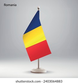 Flag of Romania hanging on a flag stand. Usable for summit or conference presentaiton