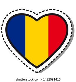 Flag Romania heart sticker on white background. Vintage vector love badge. Template design element. National day. Travel sign.