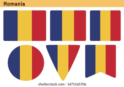 Flag of Romania. Flag icon set of six different shapes. Vector Illustration.
