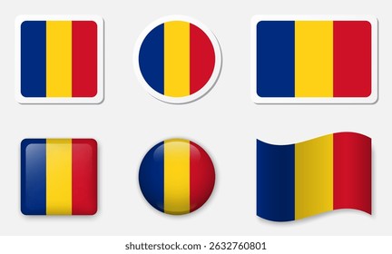 Bandera de Rumania iconos colección. Pegatinas planas y Elementos de Vector de vidrio 3d sobre fondo blanco.