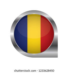 Flag of Romania, location map pin, pointer flag, button with the reflection of light and shadow, silver frame, Icon country. Realistic vector illustration on white background.