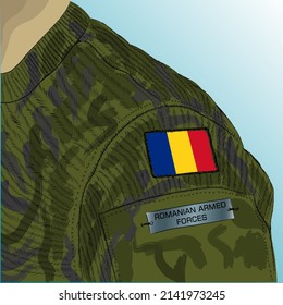 Flag Of Romania On Soldier Arm. Romanian Armed Forces	