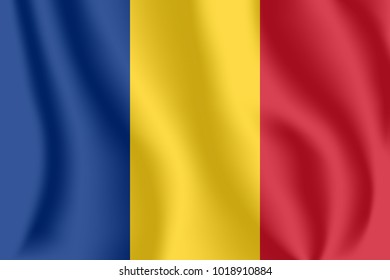 Flag of Romania. Realistic waving flag of Romania. Fabric textured flowing flag of Romania.
