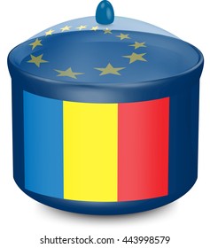 Flag of Romania. Saucepan with a translucent cover. The symbol of the European Union. 3D illustration isolated on white background.