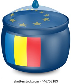 Flag of Romania. Saucepan with a translucent cover. The symbol of the European Union. 3D illustration isolated on white background.