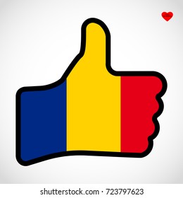 Flag of Romania in the shape of Hand with thumb up, gesture of approval, meaning Like, vector finger sign, flat design illustration.