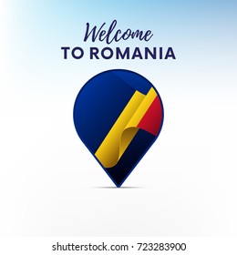 Flag of Romania in shape of map pointer or marker. Welcome to Romania. Vector illustration.