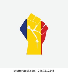 Flag of Romania in the shape of raised hand sign isolated on background. Fist symbol modern, simple, vector, icon for website design, mobile app, ui. Vector Illustration