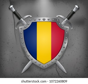 Flag of Romania. The Shield with National Flag. Two Crossed Swords. Vector Medieval Background