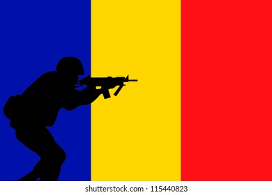 The flag of Romania and the silhouette of a soldier aiming their weapon