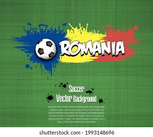 Flag of Romania with soccer fans from blots paint on an isolated background. Design pattern on the football theme. Vector illustration