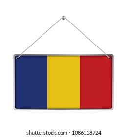 Flag of Romania. The symbol of the state in the pennant hanging on the rope, 
rectangle hanging. Vector Illustration EPS10. White Background.
