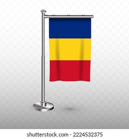 Flag of romania. Vector illustration of a vertical hanging flag with flagpole on a transparent background (PNG).