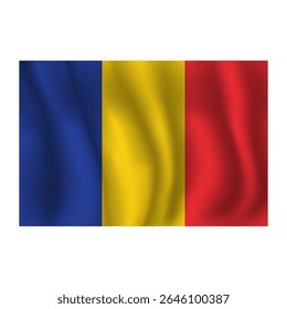 Bandeira da Romênia ondulada flui ao vento, com dobras 3d