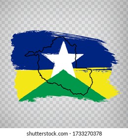 Bandera de Rondonia de pinceladas. Mapa en blanco de Rondonia. República Federal del Brasil. Mapa de alta calidad y marca Rondonia sobre fondo transparente para tu diseño. EPS10