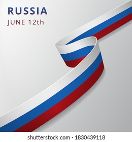 Flag of Russia. 12th of June. Vector illustration. Wavy ribbon on gray background. Independence day. National symbol